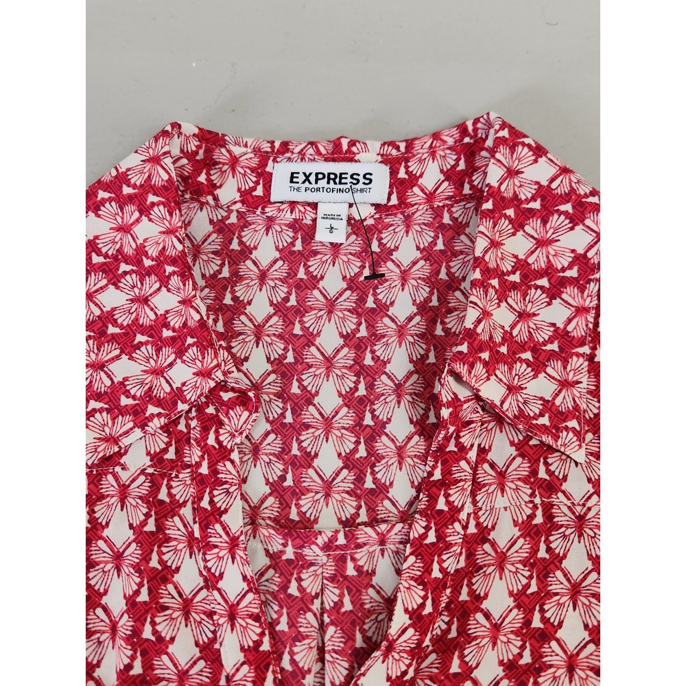 Express Portofino Shirt Women Large Red Butterfly Print Blouse Chest Pockets